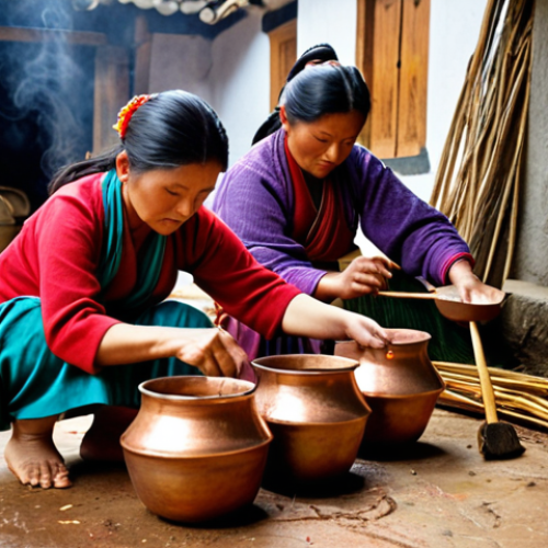 Home 4 **Prompt 1: The Artisan's Ritual**
Bhutanese women in traditional attire, gathered around large, steaming copper pots. Their hands are carefully working with natural dye ingredients like leaves, roots, and bark, extracting vibrant, earthy colors. Focus on the meditative process of dipping raw fabric into the colorful liquids, the gentle steam rising, and the serene expressions of the artisans. The setting is an authentic village workshop, bathed in soft, natural light, emphasizing the deep connection between the craft and nature. Highly detailed, realistic, warm tones.
