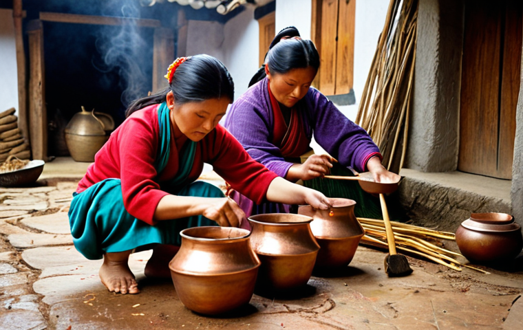 **Prompt 1: The Artisan's Ritual**
    Bhutanese women in traditional attire, gathered around large, steaming copper pots. Their hands are carefully working with natural dye ingredients like leaves, roots, and bark, extracting vibrant, earthy colors. Focus on the meditative process of dipping raw fabric into the colorful liquids, the gentle steam rising, and the serene expressions of the artisans. The setting is an authentic village workshop, bathed in soft, natural light, emphasizing the deep connection between the craft and nature. Highly detailed, realistic, warm tones.