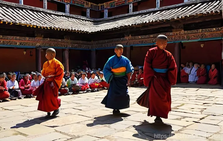 부탄의 공휴일과 기념일 - Tshechu Festival: Masked Dance in a Dzong Courtyard**
A breathtaking, wide-angle shot of a vibrant ...