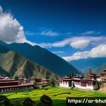부탄과 서양의 문화적 접촉 역사 - **Prompt:** A serene and majestic panoramic view of a traditional Bhutanese valley. In the foregroun...
