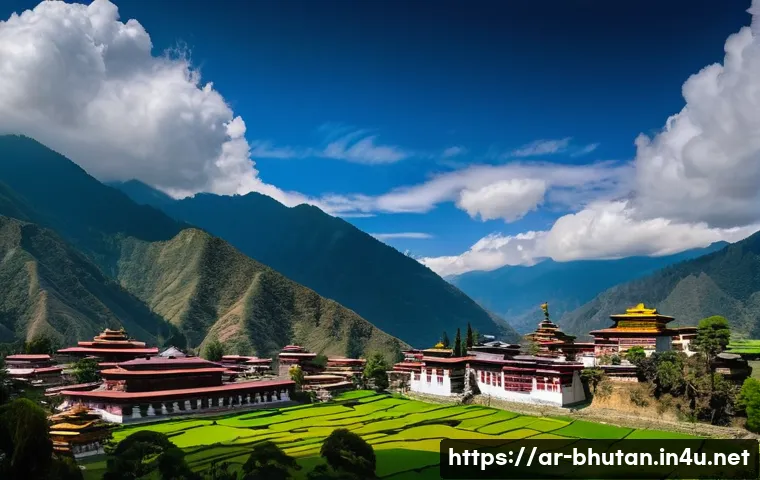 부탄과 서양의 문화적 접촉 역사 - **Prompt:** A serene and majestic panoramic view of a traditional Bhutanese valley. In the foregroun...