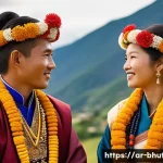 부탄 왕실 전통 혼례 - A traditional Bhutanese wedding scene featuring a bride and groom wearing colorful silk garments&mdash; th...