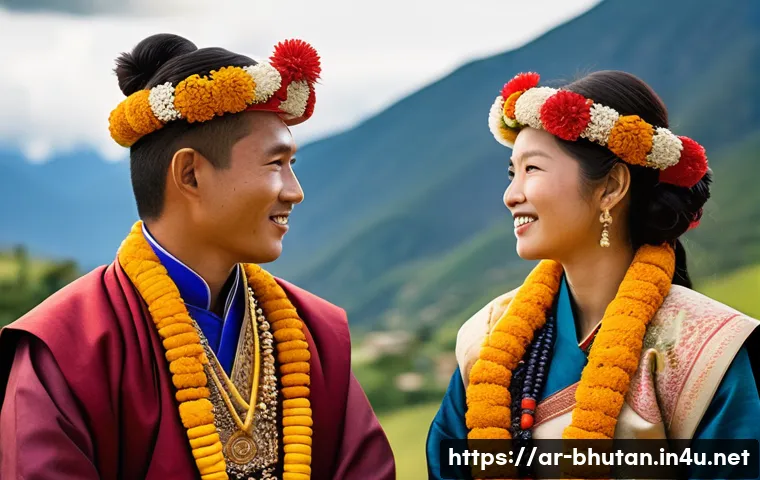 부탄 왕실 전통 혼례 - A traditional Bhutanese wedding scene featuring a bride and groom wearing colorful silk garments&mdash; th...