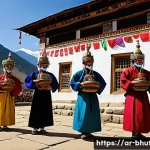 부탄 민속 음악 - A vibrant Bhutanese religious festival scene showing traditionally dressed performers wearing colorf...