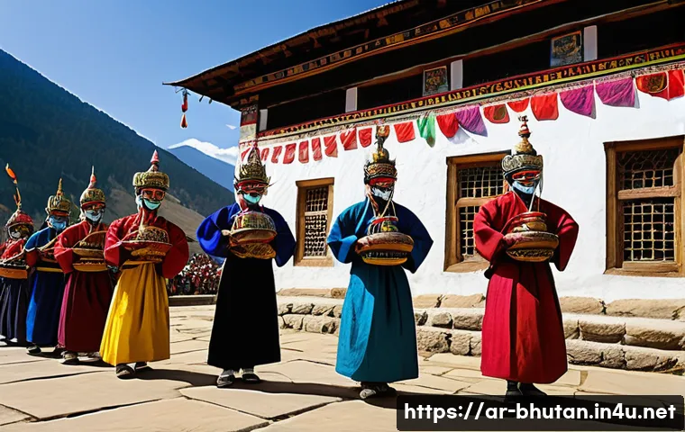 부탄 민속 음악 - A vibrant Bhutanese religious festival scene showing traditionally dressed performers wearing colorf...