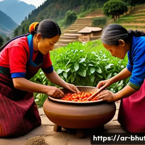 부탄 관광객을 위한 전통 음식 체험 프로그램 - A vibrant Bhutanese kitchen scene featuring local cooks wearing traditional attire and aprons, prepa...