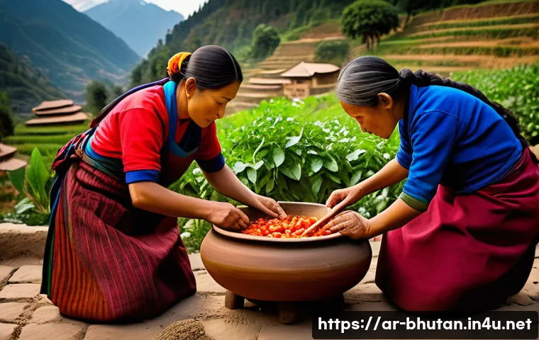 부탄 관광객을 위한 전통 음식 체험 프로그램 - A vibrant Bhutanese kitchen scene featuring local cooks wearing traditional attire and aprons, prepa...