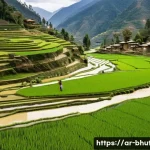 부탄의 주요 강과 하천 - A serene rural Bhutanese village scene featuring terraced rice paddies and potato fields irrigated b...