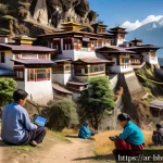 부탄에서의 인터넷 사용 - A detailed scene of a modern Bhutanese village in a mountainous region during daytime, showing villa...