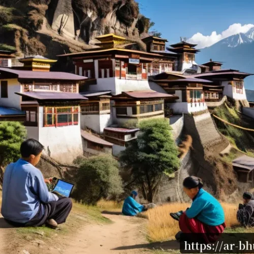 부탄에서의 인터넷 사용 - A detailed scene of a modern Bhutanese village in a mountainous region during daytime, showing villa...