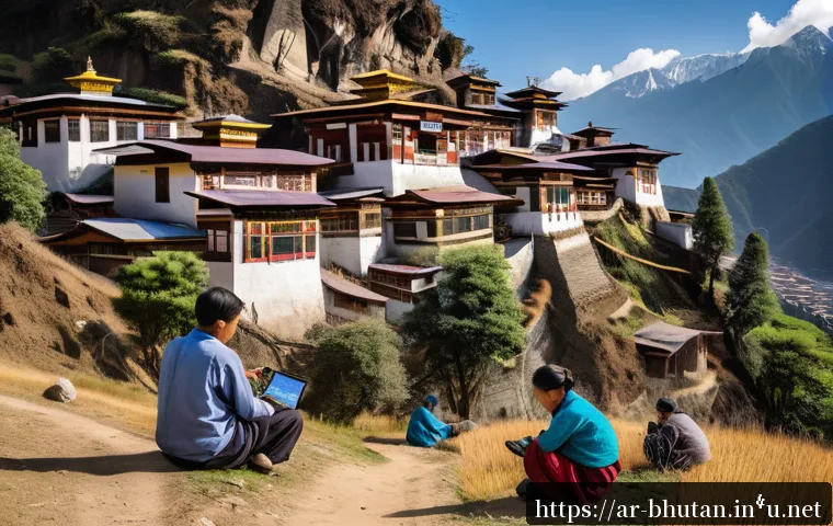 부탄에서의 인터넷 사용 - A detailed scene of a modern Bhutanese village in a mountainous region during daytime, showing villa...