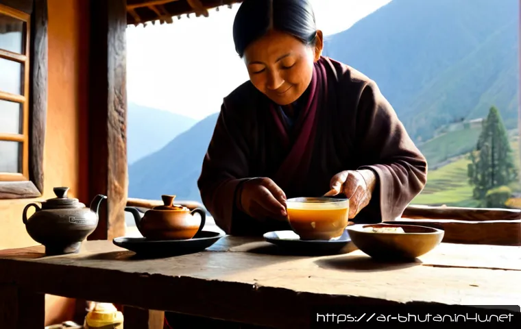 부탄의 차 문화 - Photorealistic Bhutanese tea culture scene inside a traditional Himalayan farmhouse, an elderly Bhut...