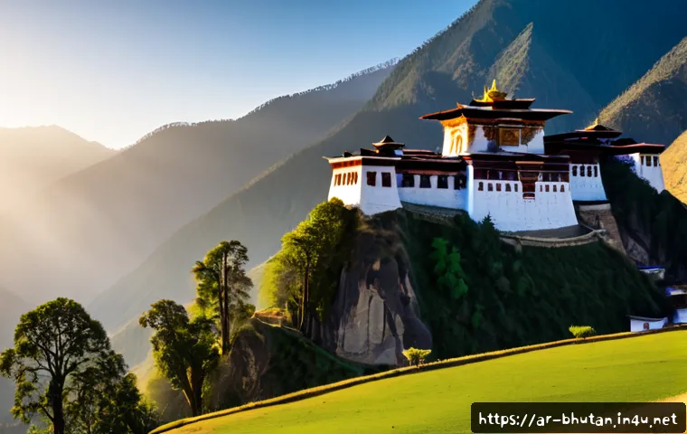 부탄의 유네스코 세계문화유산 - Photorealistic sunrise view of Bhutan’s iconic mountain dzong fortress-monastery above a green valle...