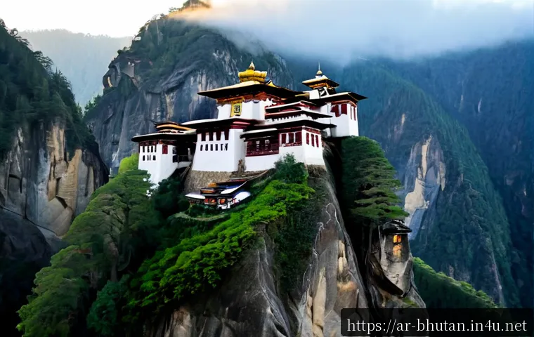 부탄 파로 탁상 사원 - Photorealistic wide view of Paro Taktsang monastery perched dramatically on a Bhutanese cliff above ...