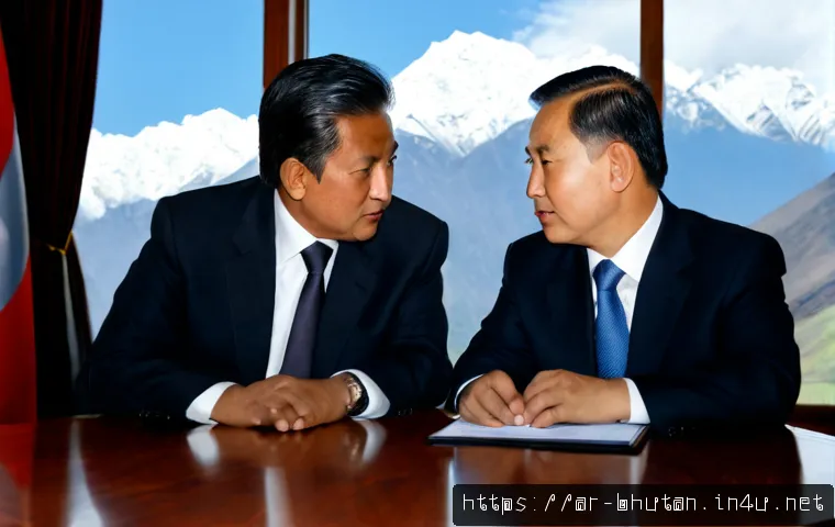 부탄과 중국의 외교 - Photorealistic diplomatic meeting between a Bhutanese official wearing a traditional gho and a Chine...