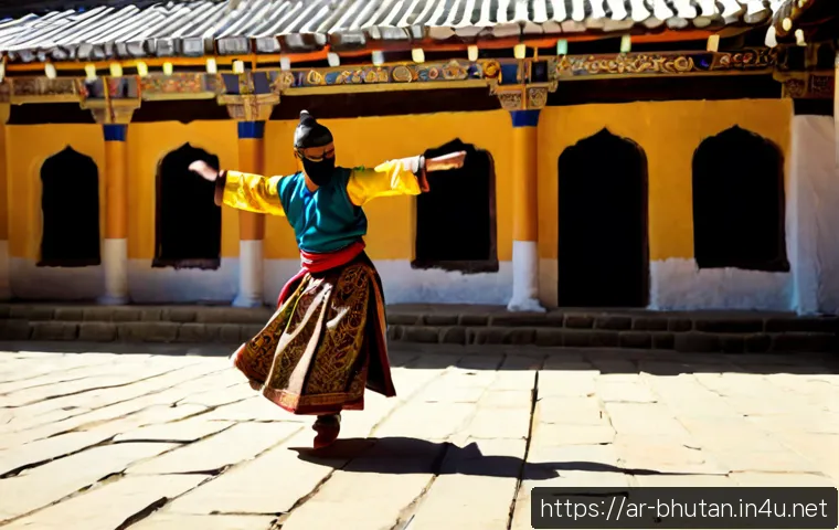 Home 17 부탄 전통 춤 - Photorealistic Bhutanese traditional dance performance in a sunlit monastery courtyard, masked dance...